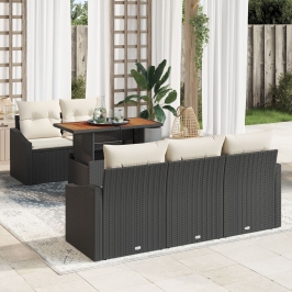Conjunto de Comedor de Jardín de 6 Piezas con Cojines Negro Ratán Económico Acacia
