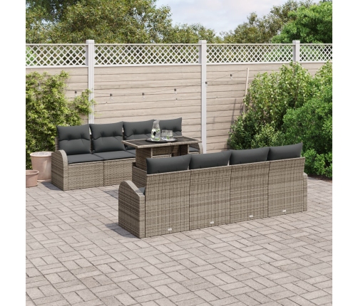 Conjunto de Sofás de Jardín de 9 Piezas con Cojines Gris de Ratán Polimérico