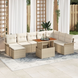 Conjunto de 9 Piezas de Comedor de Jardín con Cojines Beige de Poliratán Acacia