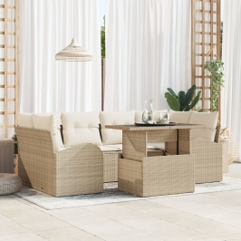 Set de Sofá de Jardín de 7 Piezas con Cojines Beige de Poliratán