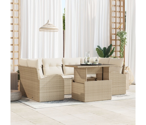 Set de Sofá de Jardín de 7 Piezas con Cojines Beige de Poliratán