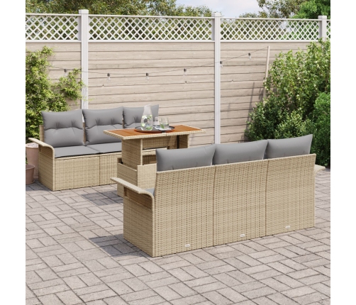 Conjunto de 7 Piezas de Sofá de Jardín con Cojines Beige Ratán Poliéster Acacia