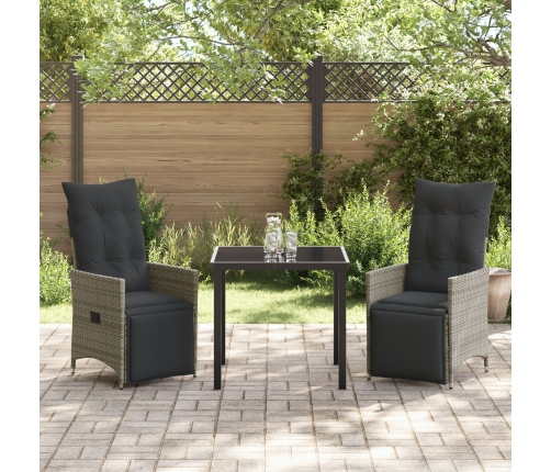 Set de Comedor de Jardín de 3 Piezas con Cojines Gris Poliratán