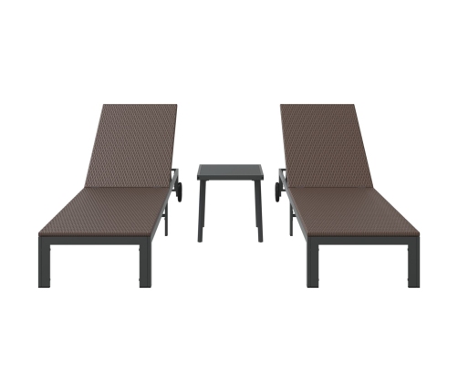 Tumbonas  2 pcs con Ruedas y Mesa Marrón Poliratán