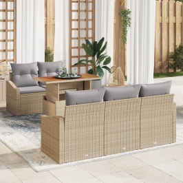Conjunto de comedor de jardín de 6 piezas con cojines Beige Ratán de poliéster Acacia