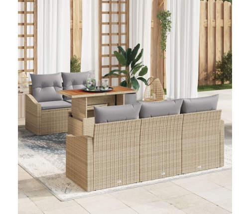 Conjunto de comedor de jardín de 6 piezas con cojines Beige Ratán de poliéster Acacia