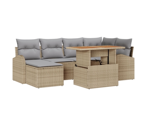 Juego de Comedor de Jardín de 7 Piezas con Cojines Beige de Ratán de Polietileno y Acacia