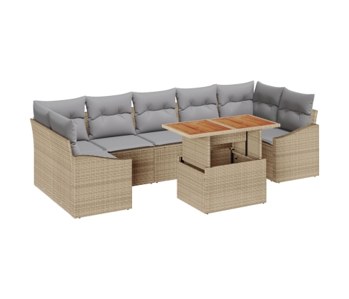 Conjunto de Comedor Jardín de 8 Piezas con Cojines Beige Ratán Sintético Acacia