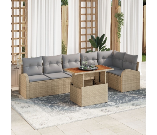 Conjunto de Comedor de Jardín de 7 Piezas con Cojines Beige Ratán Poliéster Acacia