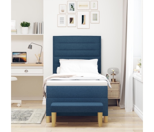 Cama Box Spring con Colchón y Banco Azul 90x200 cm Tela