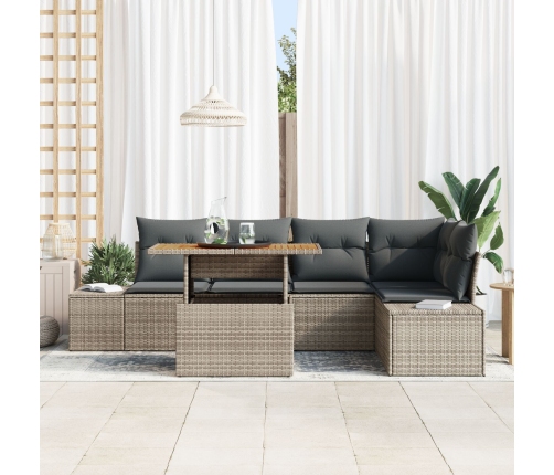 Juego de Comedor de Jardín de 6 Piezas con Cojines Gris Rattan Sintético Acacia
