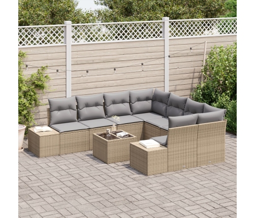 Conjunto de Sofás de Jardín  de 9 Piezas con Cojines Beige Ratán Poliéster