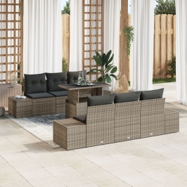 Conjunto de Sofás de Jardín de 7 Piezas con Cojines Gris Ratán Poliéster