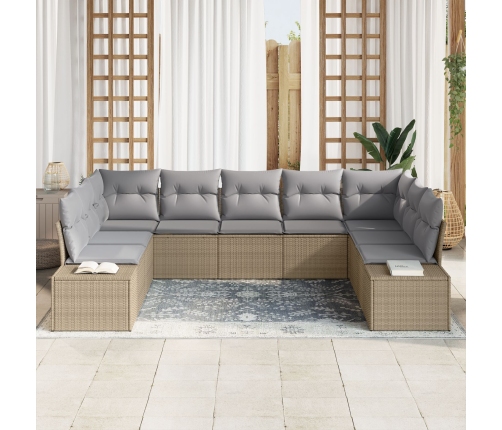 Set de Sofá de Jardín de 9 Piezas con Cojines Beige de Ratán Poliéster