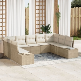 Conjunto de Sofá de Jardín  de 9 Piezas con Cojines Beige Poliratán