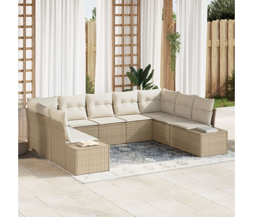Conjunto de Sofá de Jardín  de 9 Piezas con Cojines Beige Poliratán