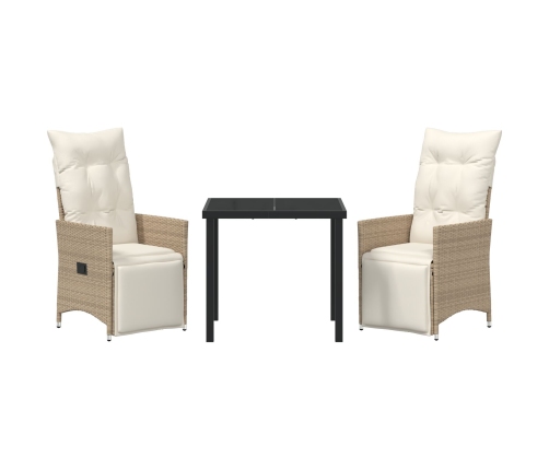 Juego de Comedor de Jardín de 3 Piezas  con Cojines Beige Poliratán