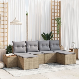 Juego de Sofás de Jardín de 6 Piezas con Cojines Beige Ratán Poliéster Acacia