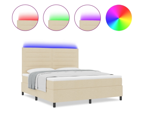 Cama con somier, colchón y luz LED color crema 180x200 cm tela