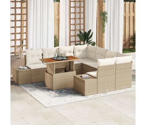 Set de Sofá de Jardín de 9 Piezas con Cojines Beige de Ratán Poliéster