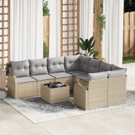 Conjunto de Sofá de Jardín  de 9 Piezas con Cojines Beige de Polirratán