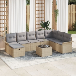 Conjunto de Sofá de Jardín de 9 Piezas con Cojines Beige Ratán Sintético