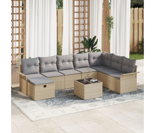 Conjunto de Sofá de Jardín de 9 Piezas con Cojines Beige Ratán Sintético