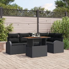 Conjunto de Comedor Jardín de 6 Piezas con Cojines Ratán Negro Acacia