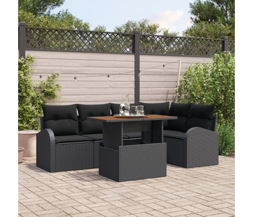 Conjunto de Comedor Jardín de 6 Piezas con Cojines Ratán Negro Acacia