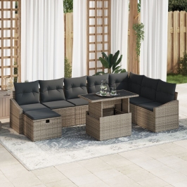 Conjunto de Sofá de Jardín de 9 Piezas con Cojines Gris Poliratán