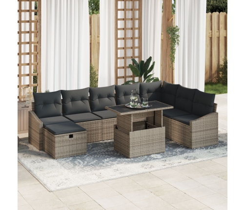 Conjunto de Sofá de Jardín de 9 Piezas con Cojines Gris Poliratán