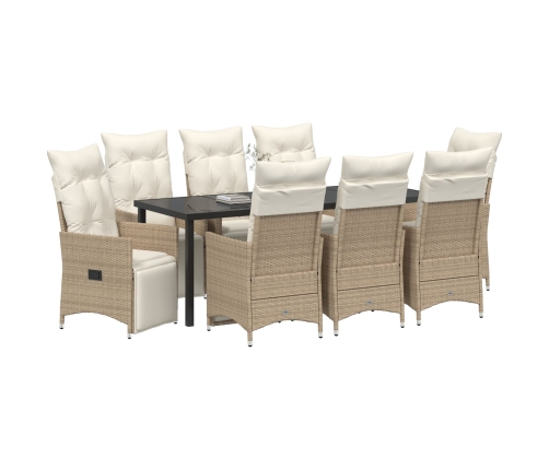 Juego de Comedor de Jardín de 9 Piezas con Cojines Beige Poliratán