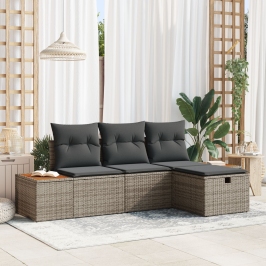 Conjunto de sofá de jardín de 4 piezas con cojines Gris Ratán Poli