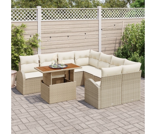 Conjunto de Jardín de 9 Piezas con Cojines Beige Polirratán Acacia