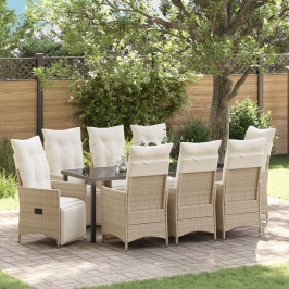 Juego de Comedor de Jardín de 9 Piezas con Cojines Beige Poliratán