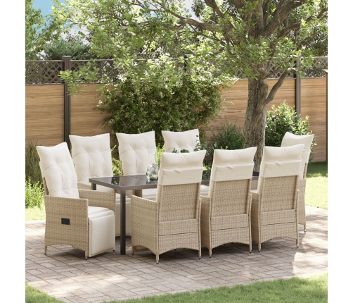 Juego de Comedor de Jardín de 9 Piezas con Cojines Beige Poliratán