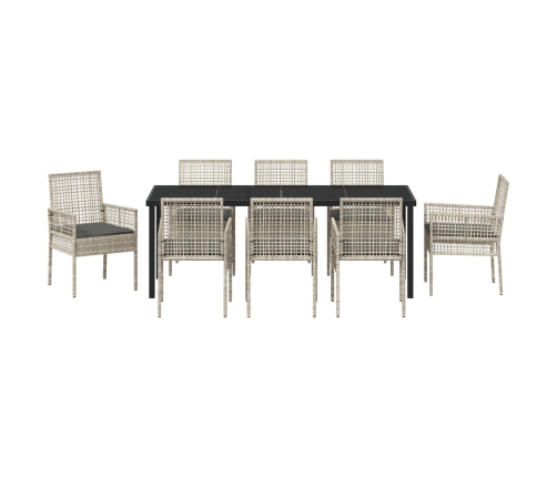 Conjunto de Comedor de Jardín de 9 Piezas con Cojines Ratán Poliéster Gris Claro