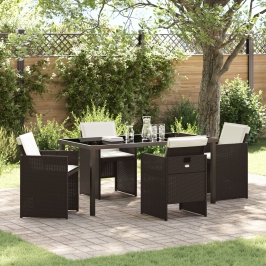 Conjunto de Comedor de Jardín de 5 Piezas con Cojines de Poliratán Marrón