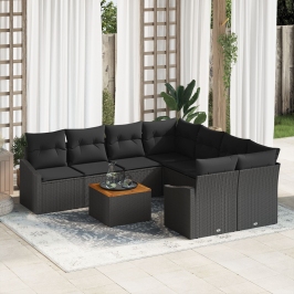 Conjunto de Sofá de Jardín de 9 Piezas  con Cojines Ratan Negro