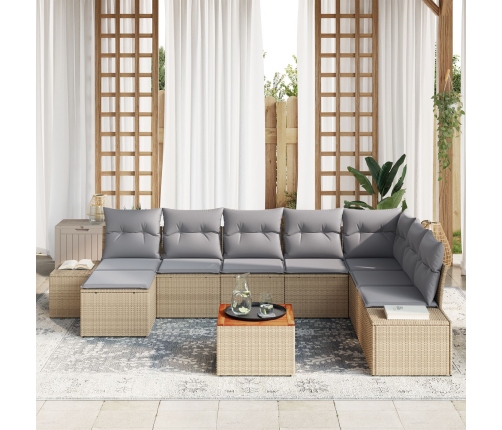 Conjunto de Sofá de Jardín de 9 Piezas con Cojines Beige Poliratán Acacia