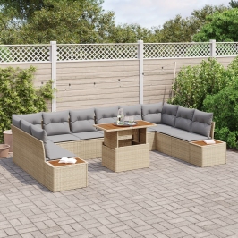 Set de Comedor de Jardín de 11 Piezas con Cojines Beige Ratán Poliéster