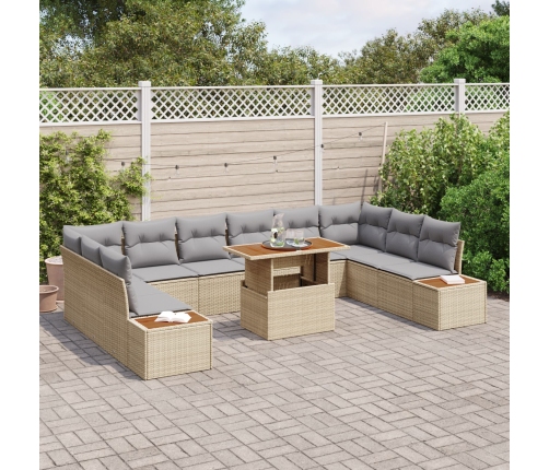 Set de Comedor de Jardín de 11 Piezas con Cojines Beige Ratán Poliéster