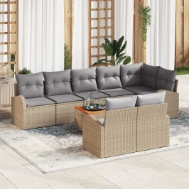 Juego de Sofá de Jardín de 9 Piezas con Cojines Beige de Poliratán Acacia