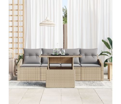 Juego de Sofá de Jardín de 5 Piezas con Cojines Beige Poliratán