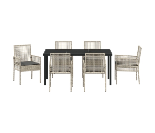 Juego de Comedor de Jardín de 7 Piezas con Cojines Gris Claro Ratán Poliéster