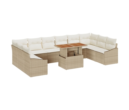 Juego de Comedor de Jardín de 11 Piezas con Cojines Beige Polirratán Acacia