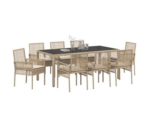 Conjunto de Comedor de Jardín de 9 Piezas con Cojines Beige de Poliratán