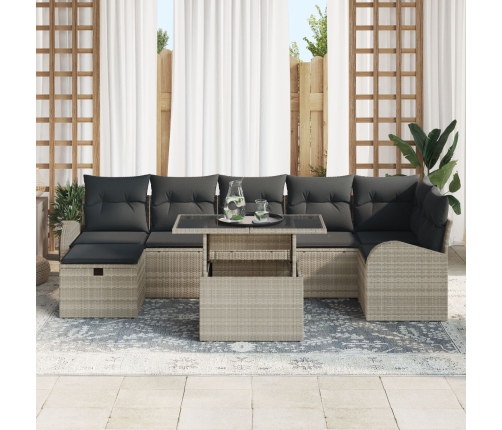 Set de sofá de jardín de 8 piezas con cojines gris claro poli ratán