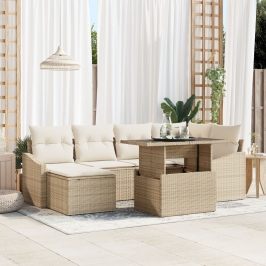 Juego de Sofá de Jardín de 7 Piezas con Cojines en Polirratán Beige