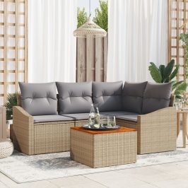 Conjunto de sofá de jardín de 5 piezas con cojines beige de ratán sintético de acacia